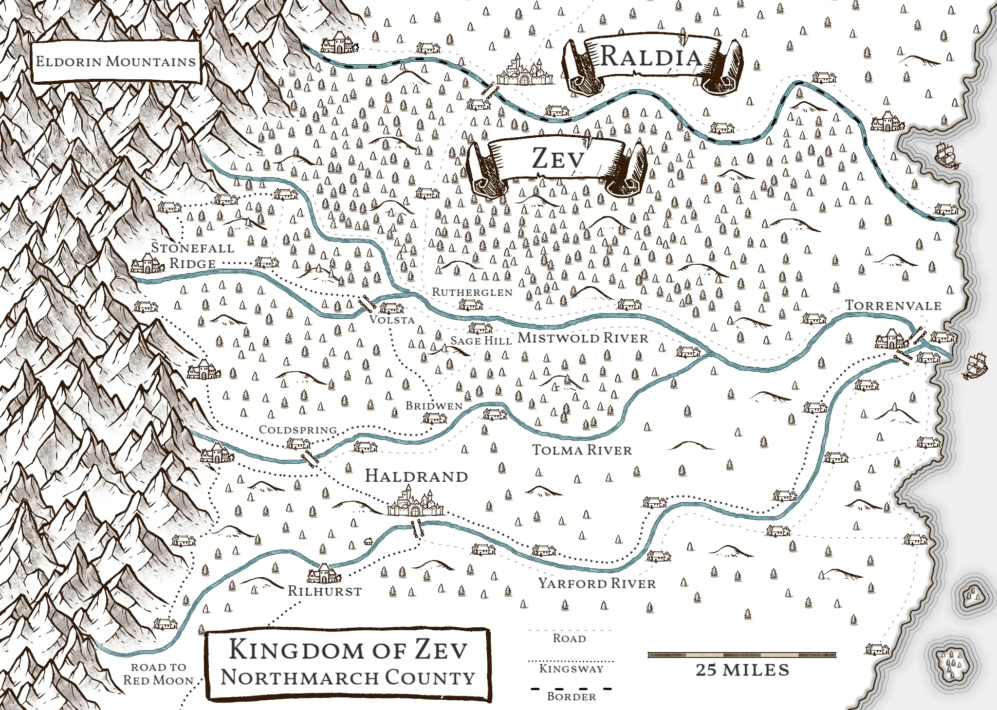 Map of Northmarch County in the Kingdom of Zev, showing the Eldorin Mountains, settlements, roads, and rivers along the border with Raldia.